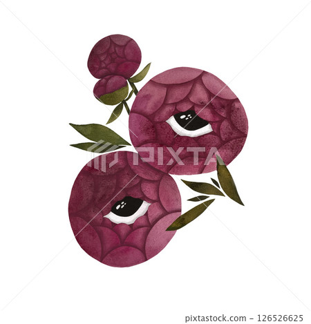 Watercolor pink peonies isolated on white cardboard, set of rose peonies with eyes, peony bouquet illustration, flower composition with leaves and eyes Watercolor pink peonies isolated on white cardboard, set of rose peonies with eyes, peony bouquet illustration, flower composition with leaves and eyes 126526625