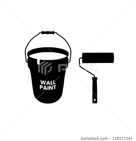 Paint Roller and Bucket Silhouette. Black and White Icon Design Element on Isolated White Background Paint Roller and Bucket Silhouette. Black and White Icon Design Element on Isolated White Background 126527181