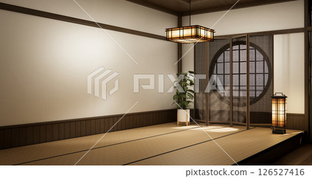 Mock up Modern japanese tatami mat floor,wood room wabisabi traditional style. 3D rendering Mock up Modern japanese tatami mat floor,wood room wabisabi traditional style. 3D rendering 126527416