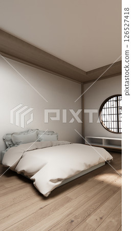 Bedroom japanese minimal style.,Modern white wall and wooden floor, room minimalist. 3D rendering Bedroom japanese minimal style.,Modern white wall and wooden floor, room minimalist. 3D rendering 126527418