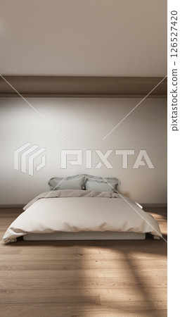Bedroom japanese minimal style.,Modern white wall and wooden floor, room minimalist. 3D rendering 126527420