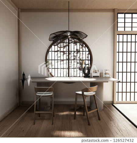 dinner room japanese style with long table and wooden chairs in room japandi.3D rendering dinner room japanese style with long table and wooden chairs in room japandi.3D rendering 126527432