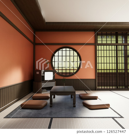 Orange Lush lava color room mockup with japan decoration on minimal living room .3D rendering 126527447