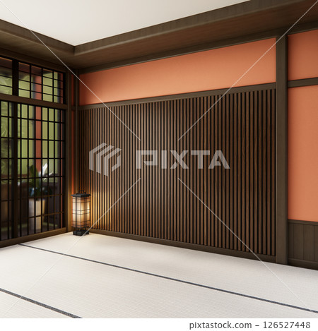 Orange Lush lava color room mockup with japan decoration on minimal living room .3D rendering 126527448