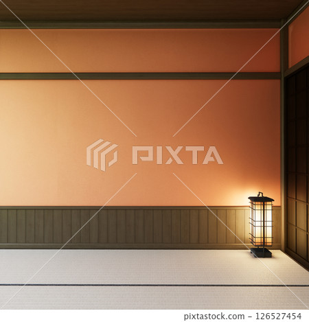 Orange Lush lava color room mockup with japan decoration on minimal living room .3D rendering 126527454