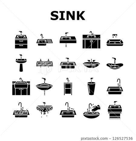 sink porcelain drain faucet icons set vector 126527536