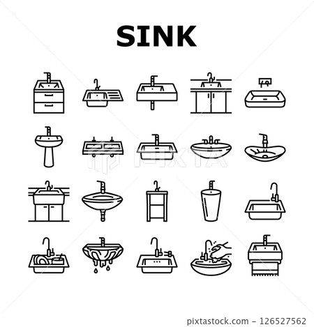 sink porcelain drain faucet icons set vector sink porcelain drain faucet icons set vector 126527562