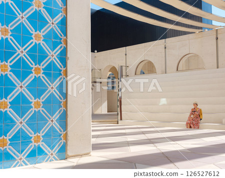 Young female tourist exploring iconic landmarks of the United Arab Emirates. 126527612