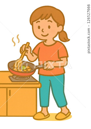 家庭主婦做飯的可愛插圖（AI 生成，輕鬆風格） 126527666