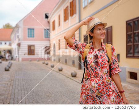 Woman Walking Through the Historic Center of Varazdin 126527706