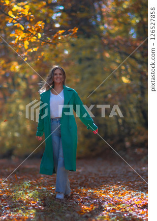 Woman Green Coat Autumn Park: Fall Fashion Photoshoot, Outdoor, Sunlight Woman Green Coat Autumn Park: Fall Fashion Photoshoot, Outdoor, Sunlight 126527858