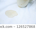 dirty coffee stain on shirt from drinking in freetime. stain for cleaning concept 126527868