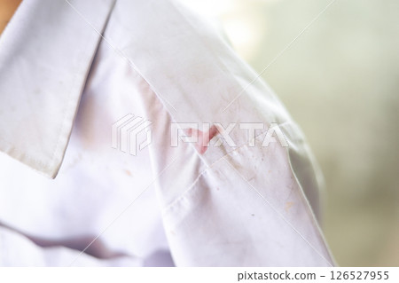 dirty sauce  stain on shirt from drinking in freetime. stain for cleaning concept 126527955