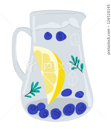 Glass jug with lemon slices, blueberries, herbs 126528145
