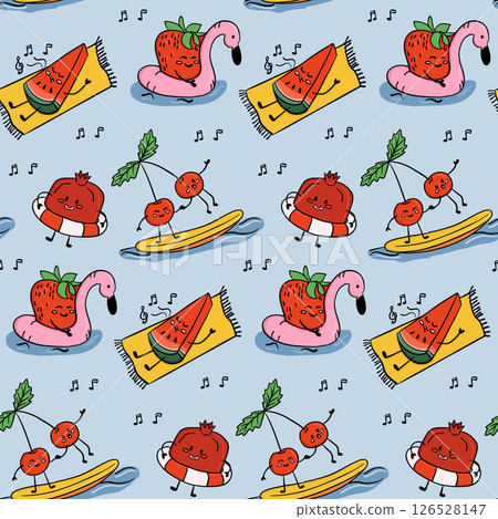 Seamless summer fruit pattern with cute characters Seamless summer fruit pattern with cute characters 126528147