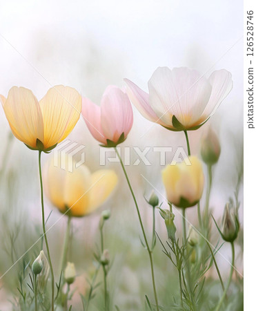 Pastel-colored cosmos flowers overlapping softly, ideal for poster, print, floral background 126528746