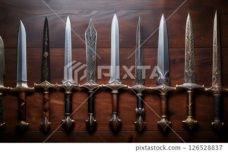 Generative AI Medieval Knives on a rack Generative AI Medieval Knives on a rack 126528837