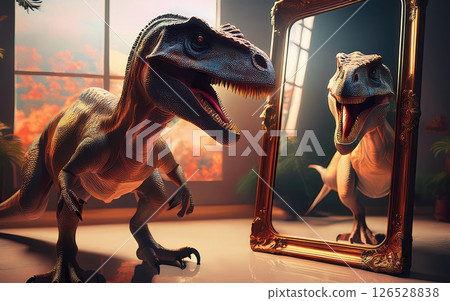 Generative AI Illustration raptor dinosaur in a mirror Generative AI Illustration raptor dinosaur in a mirror 126528838