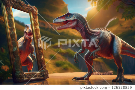 Generative AI Illustration raptor dinosaur in a mirror Generative AI Illustration raptor dinosaur in a mirror 126528839
