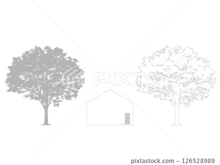 櫸樹與住宅圖像_2 件套輪廓和輪廓向量插圖_用於建築圖紙 櫸樹與住宅圖像_2 件套輪廓和輪廓向量插圖_用於建築圖紙 126528989