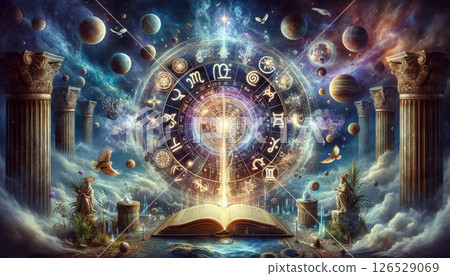 奇妙的太空和星座圖的精神藝術。神秘學、神話和算命的最佳插畫素材 126529069
