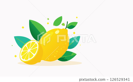 Bright yellow lemon with green leaves in a simple flat design on a clean white background. A cheerful and minimal illustration with room for copy space. 126529341