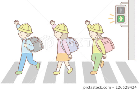 Illustration of elementary school students looking left and right at a crosswalk② 126529424