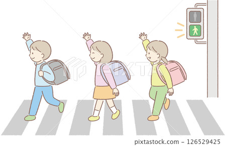 Illustration of elementary school students looking left and right at a crosswalk③ 126529425