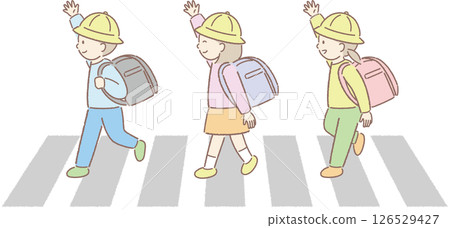 Illustration of elementary school students looking left and right at a crosswalk ⑤ 126529427