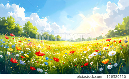 Landscape with blue sky and flower garden 126529530