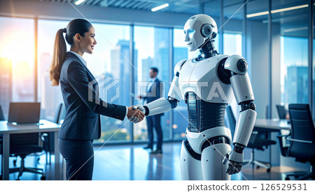 A woman in a suit shaking hands with a robot 126529531