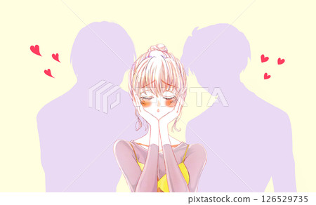 Woman with a troubled face who is liked by two men, silhouette Woman with a troubled face who is liked by two men, silhouette 126529735