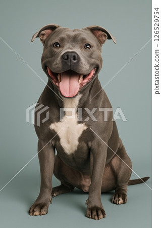 Happy dog posing on plain backdrop, showcasing joyful expression and playful demeanor in a studio setting 126529754