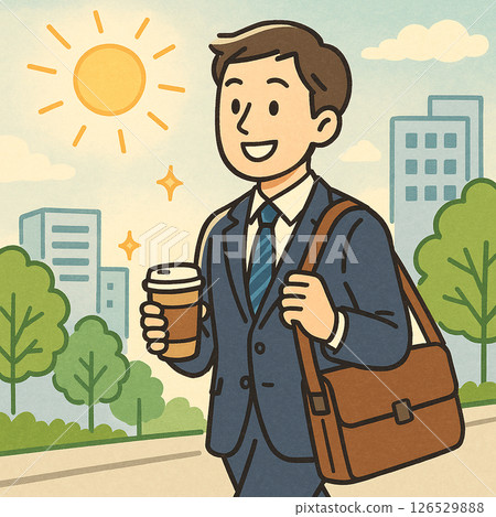 一位商人早上手拿一杯咖啡步行上班的插圖 一位商人早上手拿一杯咖啡步行上班的插圖 126529888