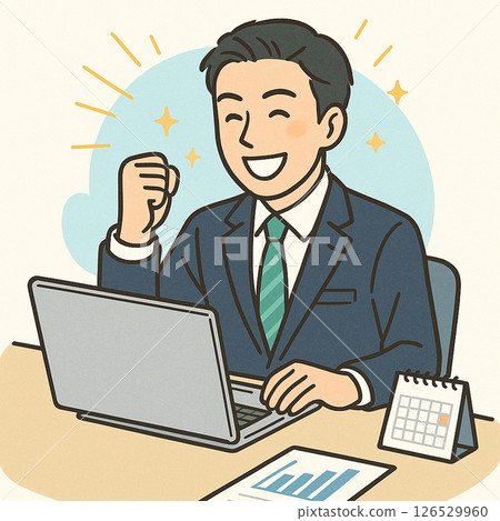 Office worker rejoicing at success in front of a computer / Business scene material 126529960
