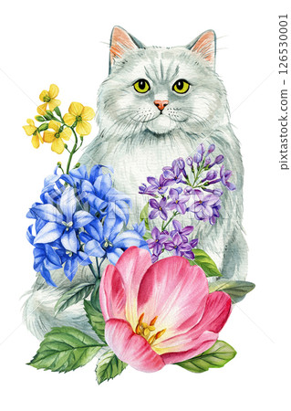 Watercolor Gray Cat with Pink Tulip, Lilac, Bluebell, Yellow Wildflowers, Floral Botanical Clipart, Animal Art Print Watercolor Gray Cat with Pink Tulip, Lilac, Bluebell, Yellow Wildflowers, Floral Botanical Clipart, Animal Art Print 126530001