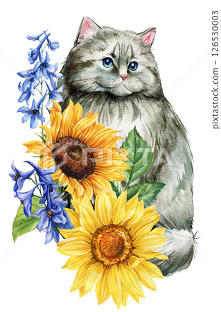 Gray Cat with Sunflowers Blue Flowers. Watercolor Floral Animal Illustration, Hand-Painted Summer Pet Art. Cute kitty Gray Cat with Sunflowers Blue Flowers. Watercolor Floral Animal Illustration, Hand-Painted Summer Pet Art. Cute kitty 126530003