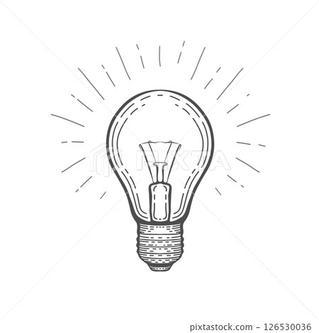 Glowing light bulb .lamp sketch.Electricity, energy concept. Hand drawn vector illustration. 126530036