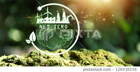 Net Zero Greenhouse Gas Emissions Concept and Net Zero Carbon Emissions Target, Climate Neutral on Green Background. Carbon Neutrality and AI Industry 5.0 Concept. 126530158