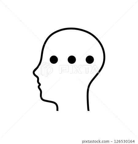 A minimalist black line drawing of a human head profile with three solid black dots representing thoughts or ideas. Suitable for conceptual art, psychology, and creativity themes 126530164