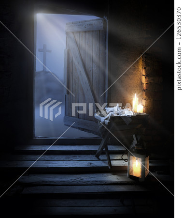 Manger with straw. Christmas background 126530370