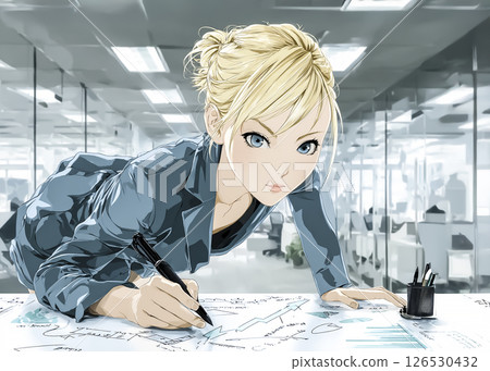 Illustration material of a career woman with a serious expression writing on paper with a pen Illustration material of a career woman with a serious expression writing on paper with a pen 126530432