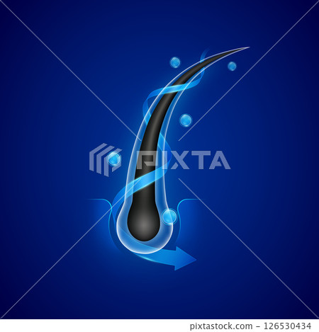 Hair care keratin serum or vitamin biotin minerals. Arrow wrapped around and bubble. Follicles from brittleness, damage make soft and shiny. Hairs structure repair shampoo salon treatment ads. Vector. 126530434