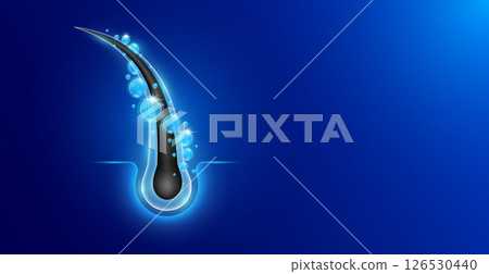 Hairs with air bubbles surrounding. Hair care too vitamins minerals collagen. Follicles from brittleness, damage make soft and shiny. Shampoo and salon treatment ads. Empty space for text. Vector. 126530440