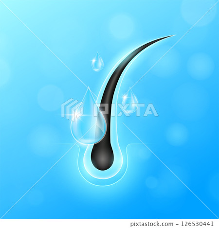 Drops blue serum fall into hair. Hair care too vitamins minerals collagen. Follicles from brittleness, damage make soft and shiny. Shampoo and salon treatment ads. EPS 10. 126530441