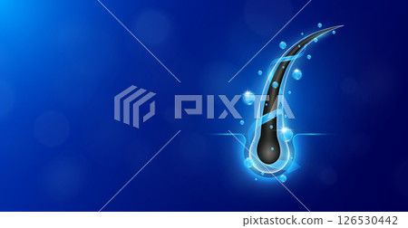 Hairs with bubbles arrow surrounding. Hair care too vitamins minerals collagen. Follicles from brittleness, damage make soft and shiny. Shampoo and salon treatment ads. Empty space for text. Vector. 126530442