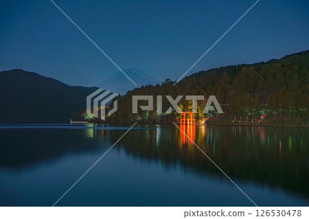 Night View of Moto Hakone with Torii Gate and Mount Fuji Night View of Moto Hakone with Torii Gate and Mount Fuji 126530478