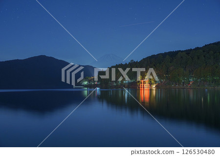 Night View of Moto Hakone with Torii Gate and Mount Fuji 126530480