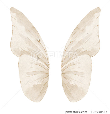 Watercolor illustration of a butterfly wings in neutral pastel beige colors. Drawing of moth for fantasy design, baby shower greeting cards or wedding invitations. Art for nursery decoration. Watercolor illustration of a butterfly wings in neutral pastel beige colors. Drawing of moth for fantasy design, baby shower greeting cards or wedding invitations. Art for nursery decoration. 126530514
