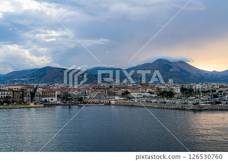 Harbor view of Palermo with cityscape and mountains, Sicily, Italy 126530760
